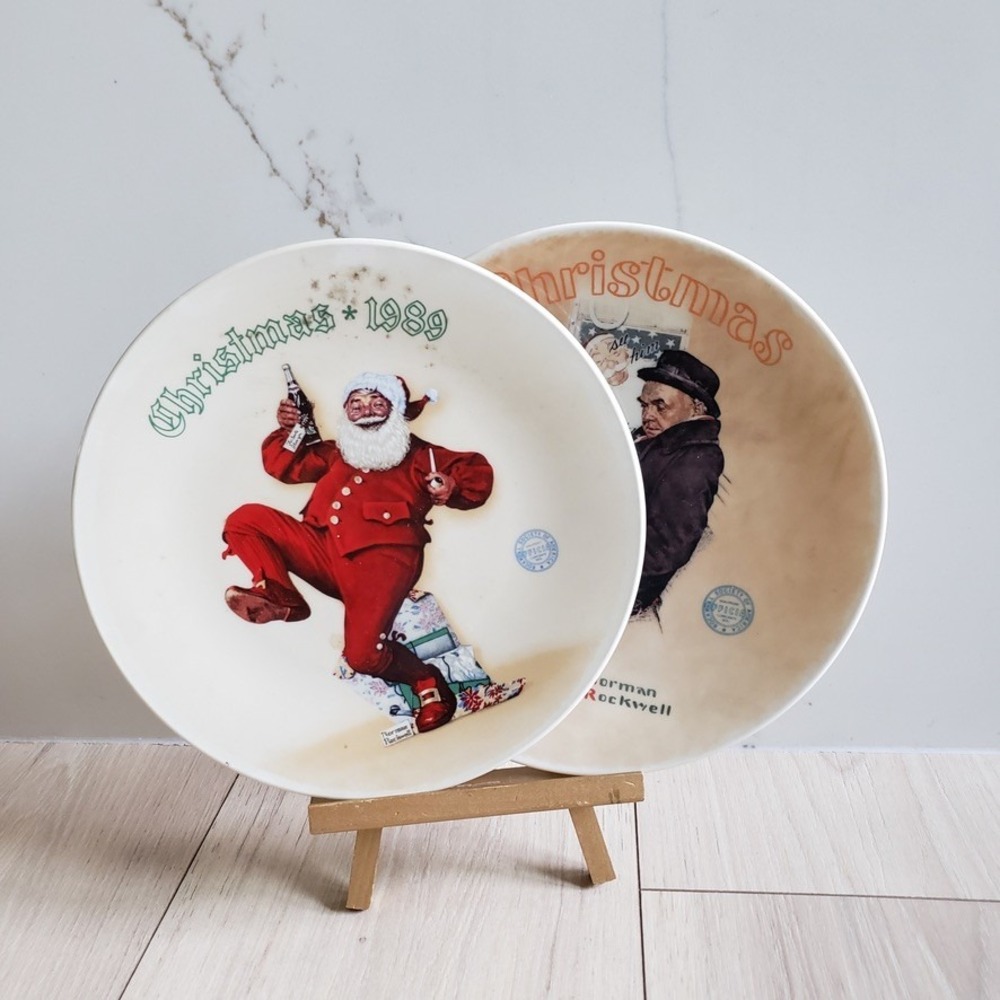 Coca Cola Christmas Plate Bundle Norman Rockwell 1983 + 1989 Santa Plates 8"